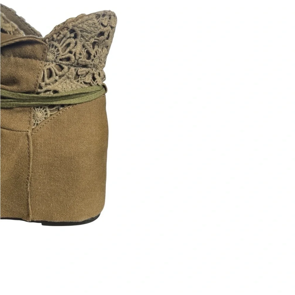 Aldo Boho Crochet Lace Trim Foldover Wedge Ankle Boots Khaki Canvas Size 36/6